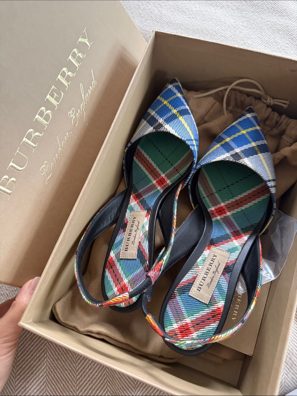 Brand New- Burberry Multicolor Plaid Pointed-Toe Slingback Heels